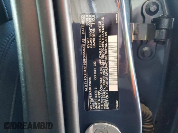 2024 Polestar 2 z VIN YSMFE3KA9RL214276, wystawiony jako Copart lot #43004525 z przebiegiem 11 767 mil mil oraz Czysty tytuł • Clean title. Historia ofert i sprzedaży dostępna na DreamBid. Obrazek 12.