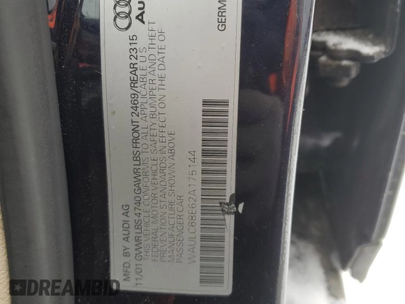 2002 Audi A4 1.8T с VIN WAULC68E62A175144, выставлен на аукционе Copart как лот 83342324 с пробегом 81 536 миль миль и Чистый • Clean title. История ставок и продаж доступна на DreamBid. Изображение 12.