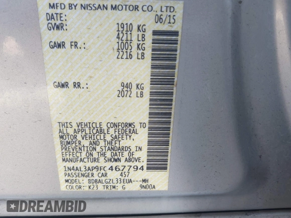 2015 Nissan Altima S with VIN 1N4AL3AP9FC467794, listed as a IAAI auction lot 41938612 with 131,099 mi miles and . Bid and sale history available at DreamBid. Image 9.