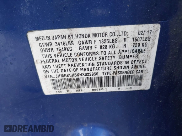 2017 Honda Fit LX with VIN JHMGK5H5XHS022950, listed as a IAAI auction lot 42502908 with 79,382 mi miles and . Bid and sale history available at DreamBid. Image 9.