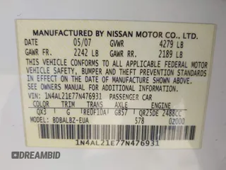 2007 Nissan Altima 2.5 with VIN 1N4AL21E77N476931, listed as a IAAI auction lot 41978623 with 182,607 mi miles. Bid and sale history available at carsss.com. Image 9.