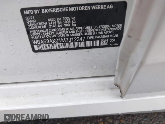 2021 BMW 2 Series 228i with VIN WBA53AK01M7J12347, listed as a IAAI auction lot 42432565 with 52,559 mi miles and . Bid and sale history available at DreamBid. Image 9.