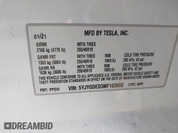 2021 Tesla Model Y Standard Range with VIN 5YJYGDED3MF103650, listed as a IAAI auction lot 41726278 with Not Provided miles and . Bid and sale history available at DreamBid. Image 9.