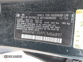 2007 BMW 5 Series 530i with VIN WBANE73597CM56897, listed as a IAAI auction lot 42113113 with 212,774 mi miles. Bid and sale history available at carsss.com. Image 9.