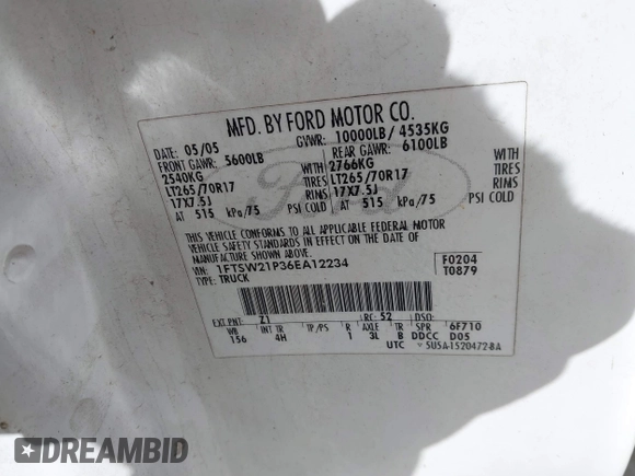 2006 Ford F-250 XL z VIN 1FTSW21P36EA12234, wystawiony jako IAAI lot #41218439 z przebiegiem 366 410 mil mil oraz . Historia ofert i sprzedaży dostępna na DreamBid. Obrazek 9.