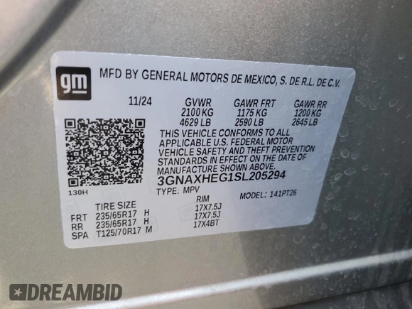 2025 Chevrolet Equinox FWD LT with VIN 3GNAXHEG1SL205294, listed as a Copart auction lot 54738255 with 6,029 mi miles and Clean Title. Bid and sale history available at DreamBid. Image 13.