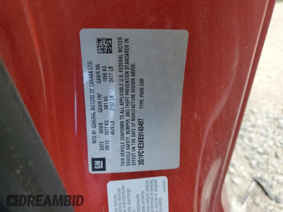 2014 Chevrolet Camaro LT with VIN 2G1FC1E3XE9143487, listed as a Copart auction lot 54350265 with Not provided miles and Non repairable. Bid and sale history available at DreamBid. Image 12.