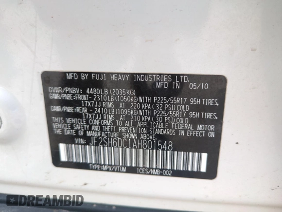 2010 Subaru Forester X Limited with VIN JF2SH6DC1AH801548, listed as a Copart auction lot 53394945 with 135,877 mi miles and Clean Title. Bid and sale history available at DreamBid. Image 13.