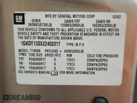 2002 GMC Envoy SLT with VIN 1GKDT13SX22402017, listed as a Copart auction lot 54629495 with 194,431 mi miles and Clean Title. Bid and sale history available at carsss.com. Image 13.