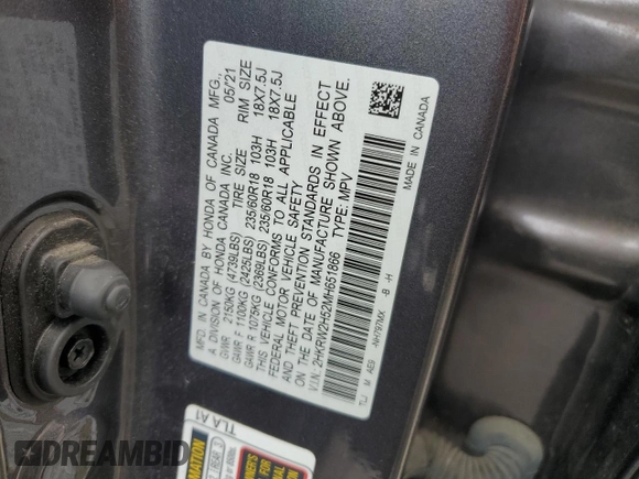 2021 Honda CR-V EX with VIN 2HKRW2H52MH651866, listed as a Copart auction lot 61045485 with 67,485 mi miles and Salvage title. Bid and sale history available at DreamBid. Image 13.