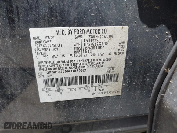 2020 Ford Edge SEL with VIN 2FMPK3J99LBA59621, listed as a IAAI auction lot 42513247 with 163,466 mi miles and . Bid and sale history available at DreamBid. Image 9.