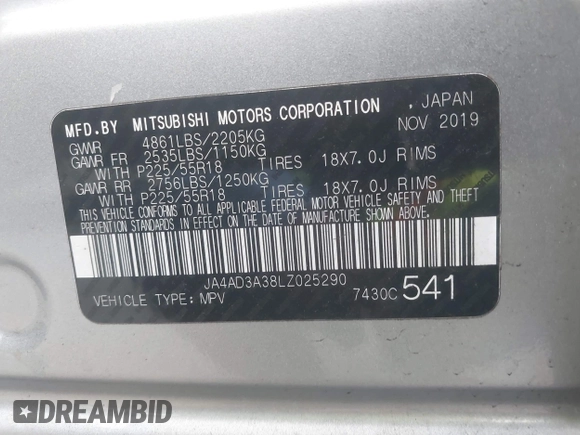 2020 Mitsubishi Outlander SE with VIN JA4AD3A38LZ025290, listed as a IAAI auction lot 41645284 with 81,044 mi miles and . Bid and sale history available at DreamBid. Image 9.