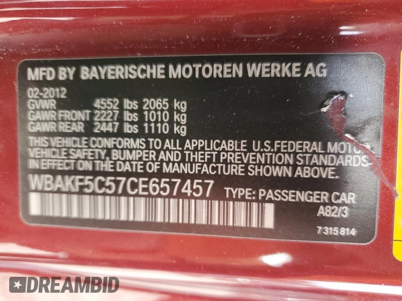 2012 BMW 3 Series 328i xDrive with VIN WBAKF5C57CE657457, listed as a Copart auction lot 82828733 with 95,113 mi miles and Clean Title. Bid and sale history available at carsss.com. Image 12.