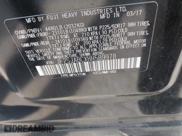 2017 Subaru Forester with VIN JF2SJABCXHH589978, listed as a IAAI auction lot 41582893 with 34,336 mi miles and . Bid and sale history available at DreamBid. Image 9.