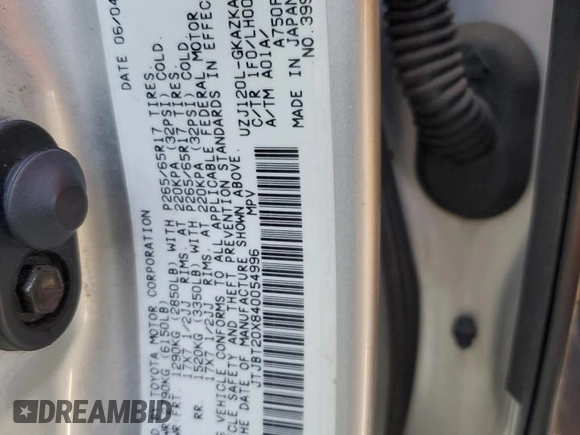 2004 Lexus GX 470 z VIN JTJBT20X840054996, wystawiony jako Copart lot #53924245 z przebiegiem 277 813 mil mil oraz Szkoda całkowita • Salvage title. Historia ofert i sprzedaży dostępna na DreamBid. Obrazek 13.