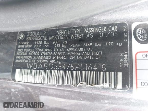 2005 BMW 3 Series 330Ci with VIN WBABD53475PL16418, listed as a IAAI auction lot 41217356 with 158,274 mi miles and . Bid and sale history available at carsss.com. Image 9.