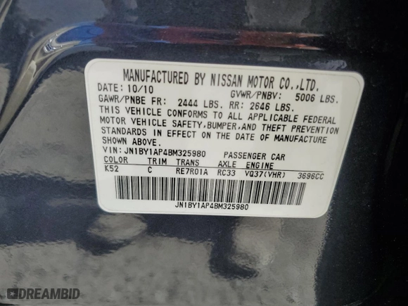 2011 Infiniti M37 with VIN JN1BY1AP4BM325980, listed as a Copart auction lot 72121794 with 76,478 mi miles and Salvage Title. Bid and sale history available at carsss.com. Image 13.