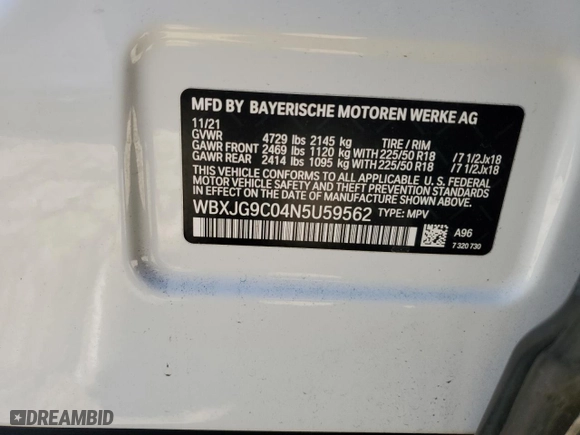 2022 BMW X1 xDrive28i with VIN WBXJG9C04N5U59562, listed as a Copart auction lot 43373515 with 24,366 mi miles and Salvage Title. Bid and sale history available at carsss.com. Image 13.