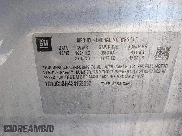 2014 Chevrolet Sonic LT с VIN 1G1JC5SH4E4152805, выставлен на аукционе IAAI как лот 41923555 с пробегом 180 068 миль миль и . История ставок и продаж доступна на DreamBid. Изображение 9.