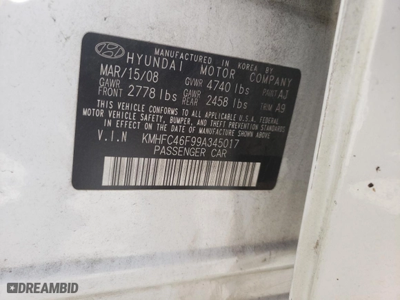 2009 Hyundai Azera Limited with VIN KMHFC46F99A345017, listed as a Copart auction lot 75139104 with 256,350 mi miles and Salvage Title. Bid and sale history available at carsss.com. Image 12.