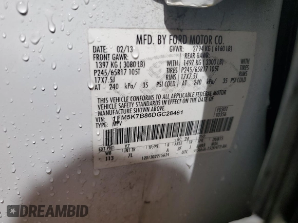 2013 Ford Explorer с VIN 1FM5K7B86DGC28461, выставлен на аукционе Copart как лот 55574805 с пробегом 151 140 миль миль и Списание • Salvage title. История ставок и продаж доступна на DreamBid. Изображение 13.