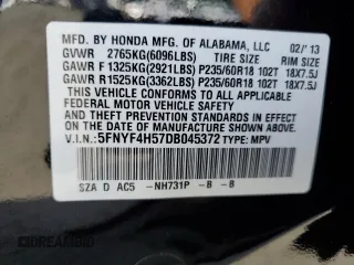 2013 Honda Pilot EX-L z VIN 5FNYF4H57DB045372, wystawiony jako Copart lot #54773425 z przebiegiem 147 015 mil mil oraz Szkoda całkowita • Salvage title. Historia ofert i sprzedaży dostępna na DreamBid. Obrazek 13.