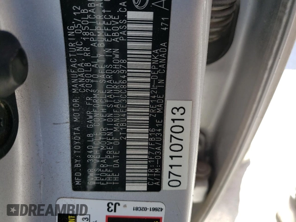 2012 Toyota Corolla L with VIN 2T1BU4EE3CC864978, listed as a Copart auction lot 45923365 with 0 mi miles and Non Repairable. Bid and sale history available at carsss.com. Image 12.