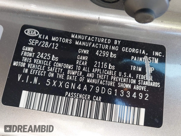 2013 Kia Optima EX with VIN 5XXGN4A79DG133492, listed as a IAAI auction lot 42742932 with 85,179 mi miles and . Bid and sale history available at DreamBid. Image 9.