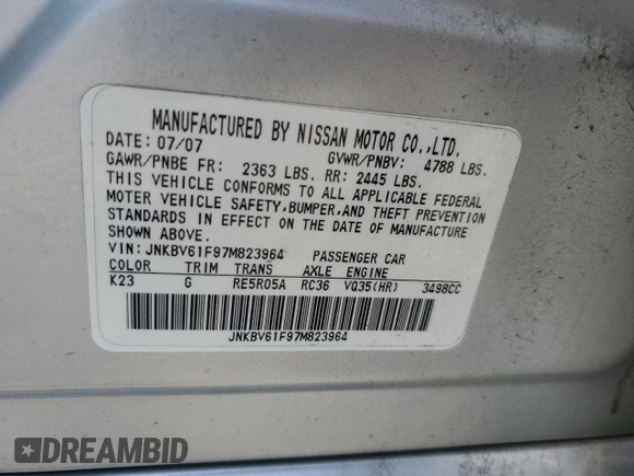 2007 Infiniti G35 G35x with VIN JNKBV61F97M823964, listed as a Copart auction lot 64600044 with 209,018 mi miles and Salvage Title. Bid and sale history available at DreamBid. Image 12.