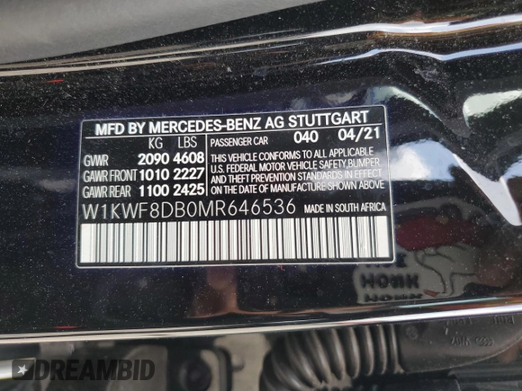 2021 Mercedes-Benz C 300 с VIN W1KWF8DB0MR646536, выставлен на аукционе Copart как лот 54263185 с пробегом 38 320 миль миль и Списание • Salvage title. История ставок и продаж доступна на DreamBid. Изображение 13.