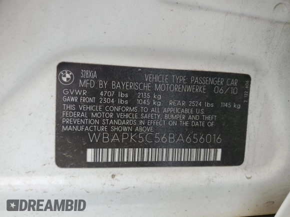 2011 BMW 3 Series 328i xDrive z VIN WBAPK5C56BA656016, wystawiony jako Copart lot #56149765 z przebiegiem Nie podano mil oraz Szkoda całkowita • Salvage title. Historia ofert i sprzedaży dostępna na DreamBid. Obrazek 12.