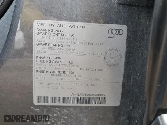 2013 Audi Q5 Premium z VIN WA1LFCFP2DA063385, wystawiony jako Copart lot #61496975 z przebiegiem 222 120 mil mil oraz Szkoda całkowita • Salvage title. Historia ofert i sprzedaży dostępna na DreamBid. Obrazek 14.