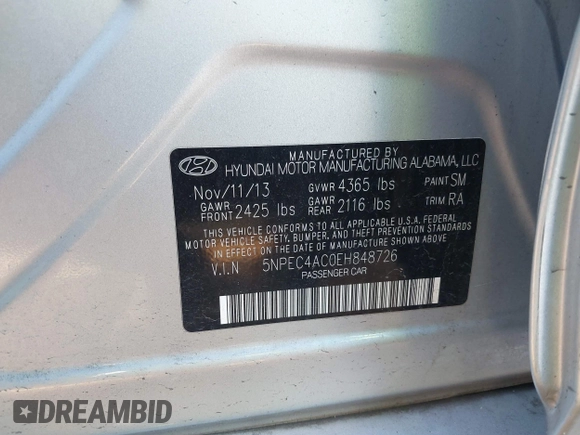2014 Hyundai Sonata SE with VIN 5NPEC4AC0EH848726, listed as a IAAI auction lot 41747200 with 121,720 mi miles and . Bid and sale history available at DreamBid. Image 9.