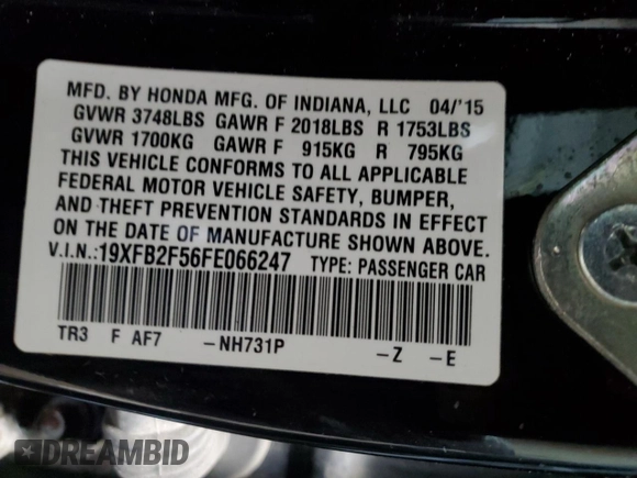 2015 Honda Civic LX with VIN 19XFB2F56FE066247, listed as a Copart auction lot 53263985 with 90,771 mi miles and Salvage Title. Bid and sale history available at carsss.com. Image 12.