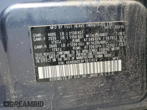 2015 Subaru Outback Premium z VIN 4S4BSADC0F3317874, wystawiony jako Copart lot #61419005 z przebiegiem 163 938 mil mil oraz Szkoda całkowita • Salvage title. Historia ofert i sprzedaży dostępna na DreamBid. Obrazek 13.