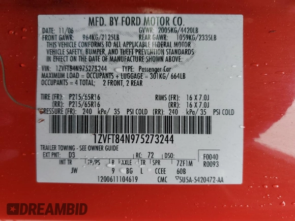 2007 Ford Mustang Deluxe with VIN 1ZVFT84N975273244, listed as a Copart auction lot 47892565 with 187,131 mi miles and Salvage title. Bid and sale history available at DreamBid. Image 14.