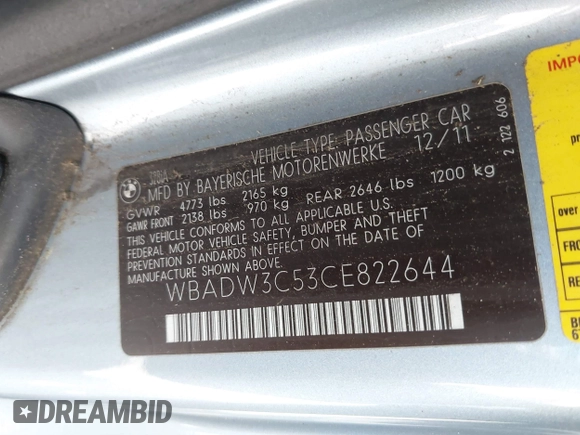 2012 BMW 3 Series 328i with VIN WBADW3C53CE822644, listed as a IAAI auction lot 42137989 with Not provided miles and . Bid and sale history available at DreamBid. Image 9.