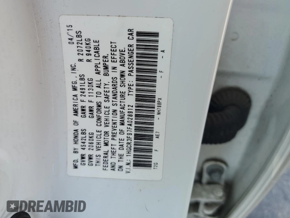 2015 Honda Accord Touring with VIN 1HGCR3F97FA028912, listed as a Copart auction lot 59334845 with 92,779 mi miles and Salvage title. Bid and sale history available at DreamBid. Image 13.