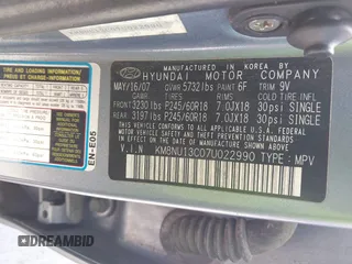 2007 Hyundai Veracruz GLS with VIN KM8NU13C07U022990, listed as a IAAI auction lot 42219988 with 276,884 mi miles and . Bid and sale history available at DreamBid. Image 9.