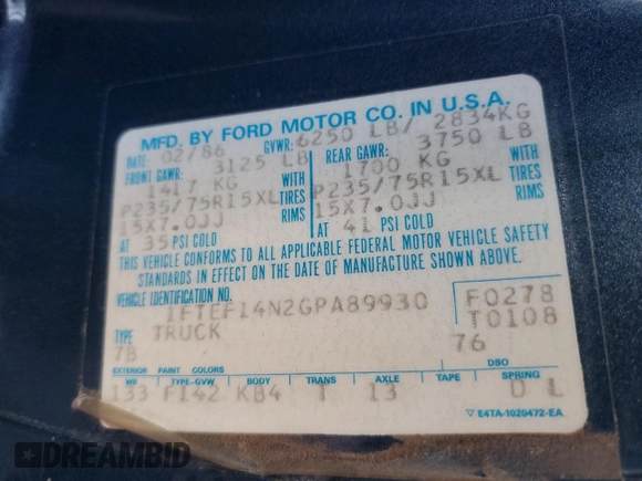 1986 Ford F-150 with VIN 1FTEF14N2GPA89930, listed as a Copart auction lot 43658645 with 87,219 mi miles and Clean Title. Bid and sale history available at carsss.com. Image 12.