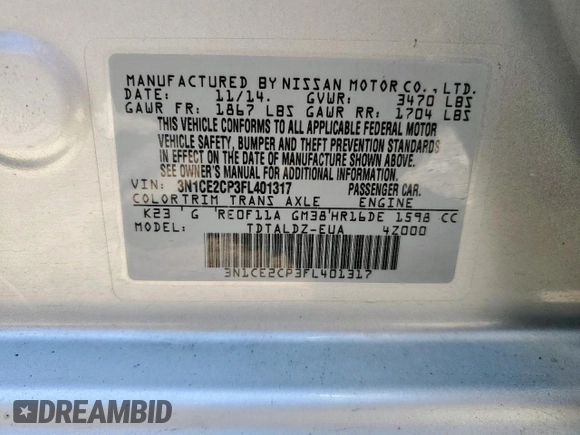 2015 Nissan Note S with VIN 3N1CE2CP3FL401317, listed as a Copart auction lot 56860505 with 162,813 mi miles and Salvage title. Bid and sale history available at DreamBid. Image 13.