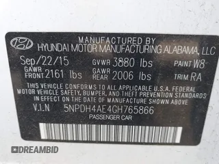 2016 Hyundai Elantra SE with VIN 5NPDH4AE4GH765866, listed as a IAAI auction lot 42376825 with Not provided miles and . Bid and sale history available at DreamBid. Image 9.