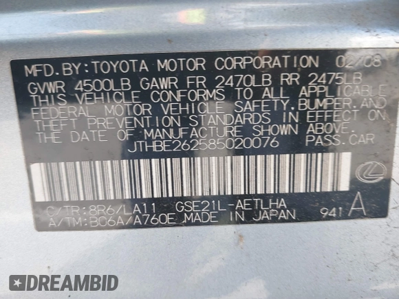 2008 Lexus IS 350 with VIN JTHBE262585020076, listed as a IAAI auction lot 41858756 with 98,045 mi miles and . Bid and sale history available at DreamBid. Image 9.