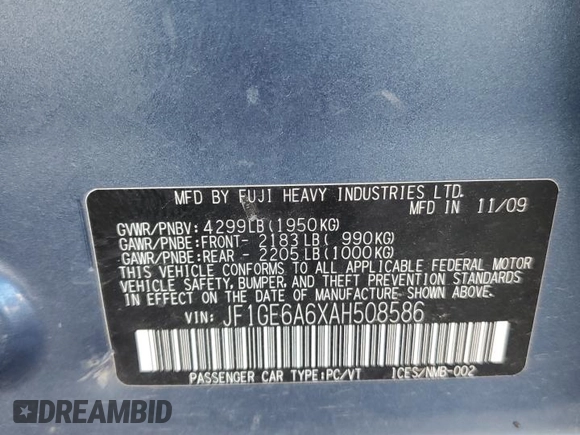 2010 Subaru Impreza i z VIN JF1GE6A6XAH508586, wystawiony jako Copart lot #57471725 z przebiegiem 162 178 mil mil oraz Szkoda całkowita • Salvage title. Historia ofert i sprzedaży dostępna na DreamBid. Obrazek 12.