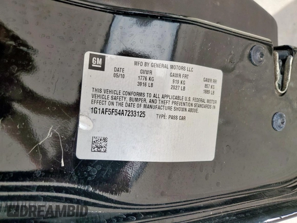 2010 Chevrolet Cobalt 2LT with VIN 1G1AF5F54A7233125, listed as a Copart auction lot 48675225 with 71,961 mi miles and Clean Title. Bid and sale history available at DreamBid. Image 12.