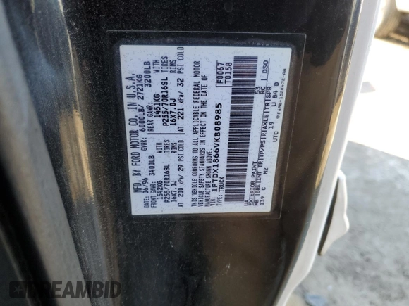1997 Ford F-150 XL with VIN 1FTDX1866VKB08985, listed as a Copart auction lot 43708935 with 208,670 mi miles and Salvage title. Bid and sale history available at DreamBid. Image 12.