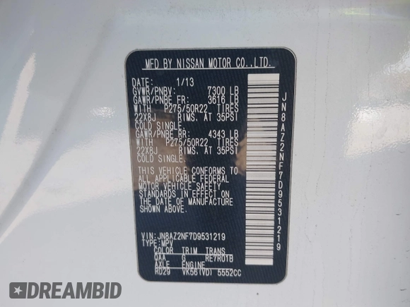 2013 Infiniti QX56 with VIN JN8AZ2NF7D9531219, listed as a IAAI auction lot 41000302 with 238,443 mi miles and . Bid and sale history available at DreamBid. Image 9.
