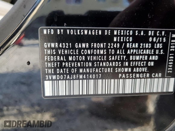 2015 Volkswagen Jetta Sedan 1.8T SE w/Connectivity with VIN 3VWD07AJ8FM414017, listed as a Copart auction lot 49407745 with 190,615 mi miles and Salvage Title. Bid and sale history available at carsss.com. Image 14.