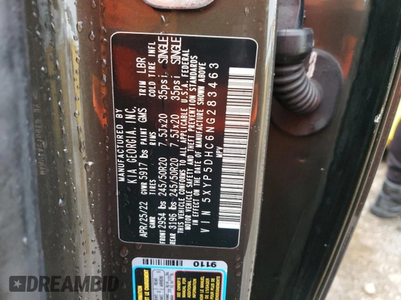 2022 Kia Telluride SX with VIN 5XYP5DHC6NG283463, listed as a Copart auction lot 47354935 with 58,621 mi miles and Salvage Title. Bid and sale history available at DreamBid. Image 13.