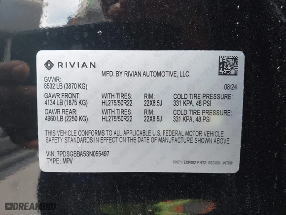 2025 Rivian R1S Adventure with VIN 7PDSGBBA5SN055497, listed as a IAAI auction lot 41695600 with 5,387 mi miles. Bid and sale history available at carsss.com. Image 9.